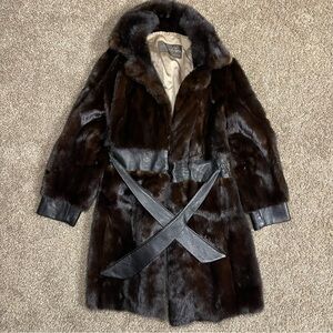 Vintage Moss Furs Beverly Hills Dark Mink Fur Coat with Leather Belt